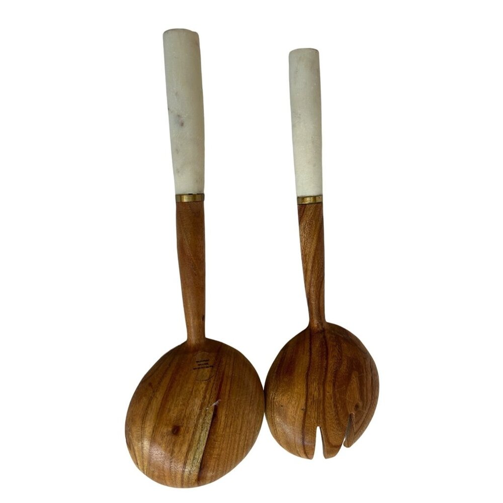 Handcrafted Wooden & Marble Salad Serving Set - Spoon & Fork